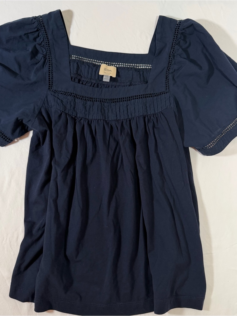 Elie Tahari Navy Square Neck Puff-Sleeve Blouse